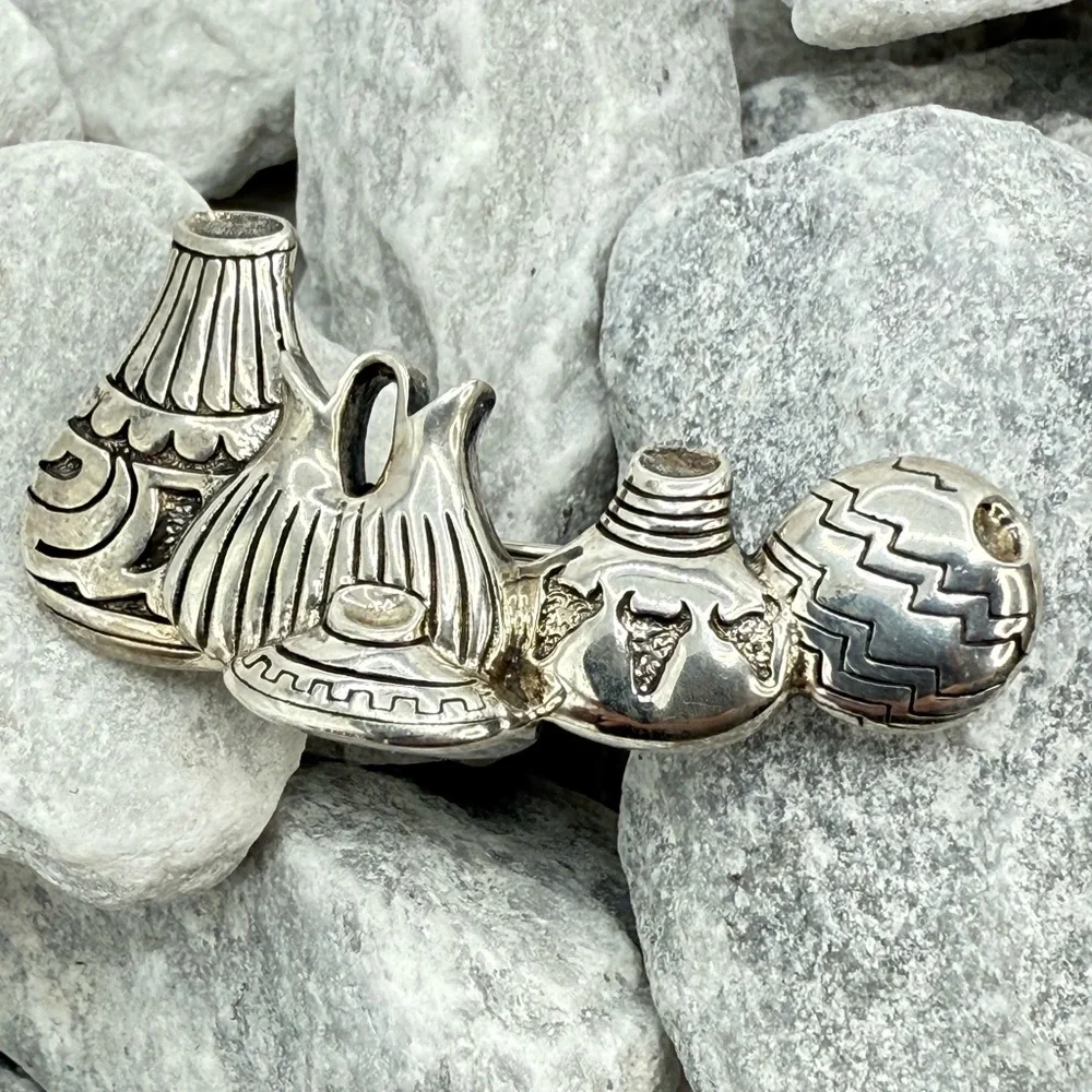 Vintage Sterling Silver 925 Native American Pottery Brooch Southwestern 2” 13g - Picture 1 of 11